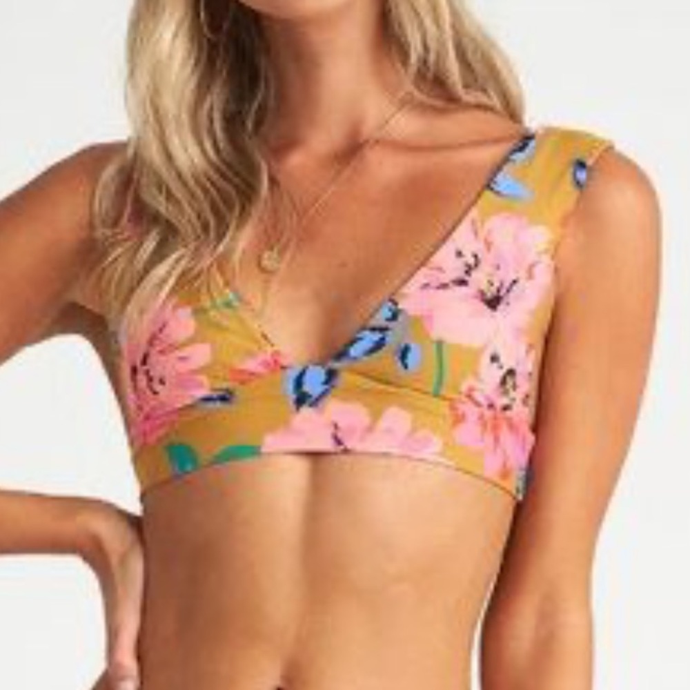 Billabong Floral V-Neck bathing suit top in Mustard and pink 7